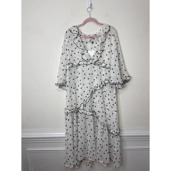 GANNI Ruffled Chiffon Midi Dress White Polka Dot 40/US 10 Half Sleeve V-Neck